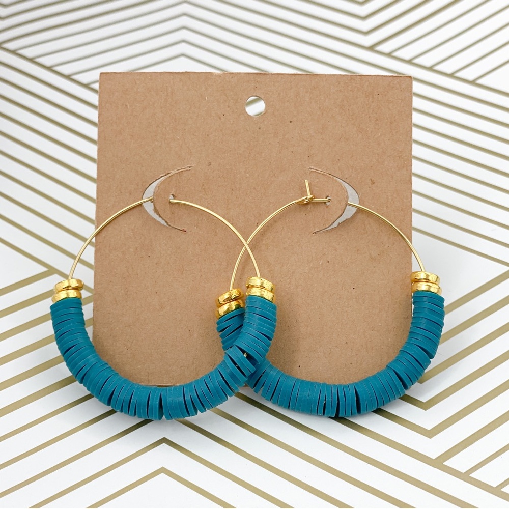 SALE! 😃 Gold earrings teal clay beaded hoops